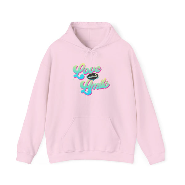 Pink hoodie with colorful text design on a white background