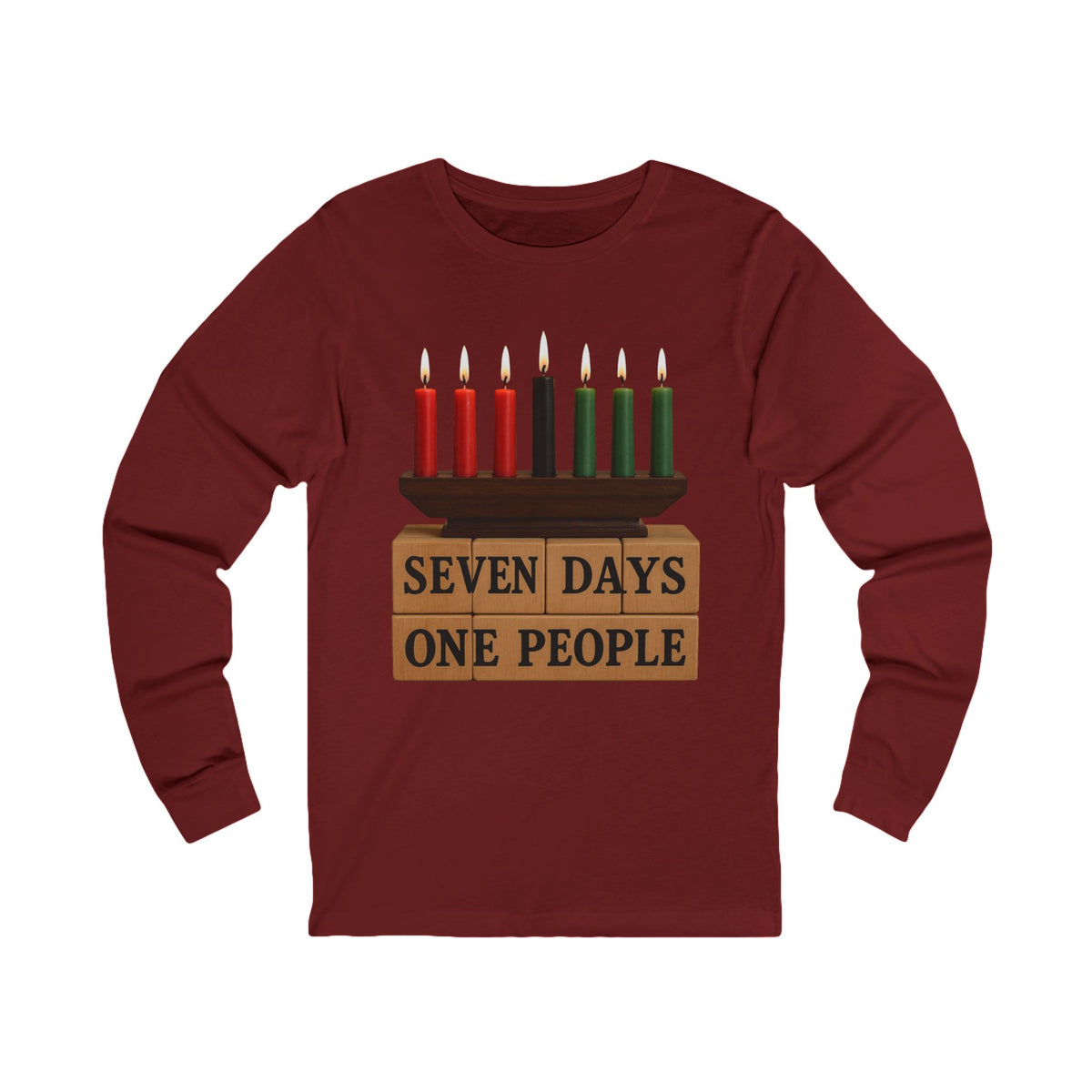 A maroon long-sleeve t-shirt with a graphic of a menorah on top of wooden blocks that read 'SEVEN DAYS ONE PEOPLE', set against a plain white background.
