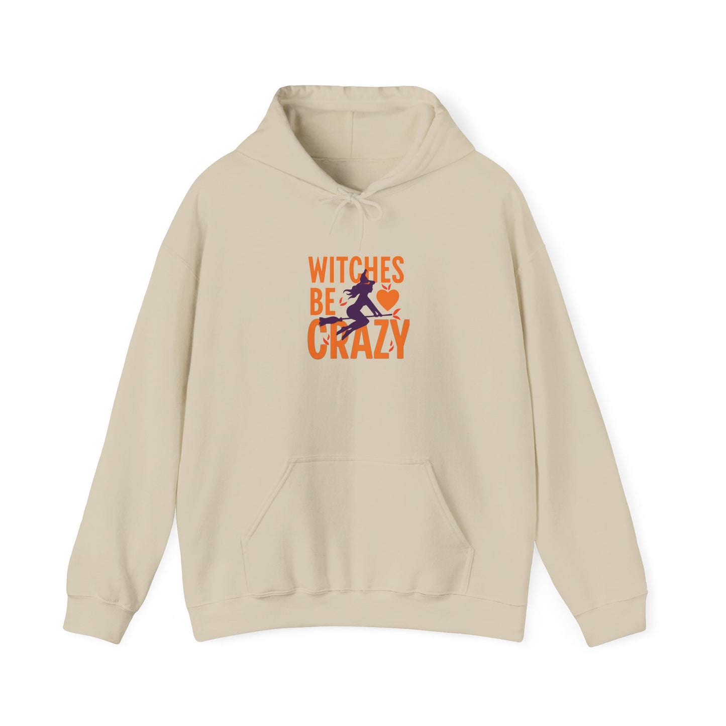 Beige hoodie with 'Witches Be Crazy' graphic design on a white background