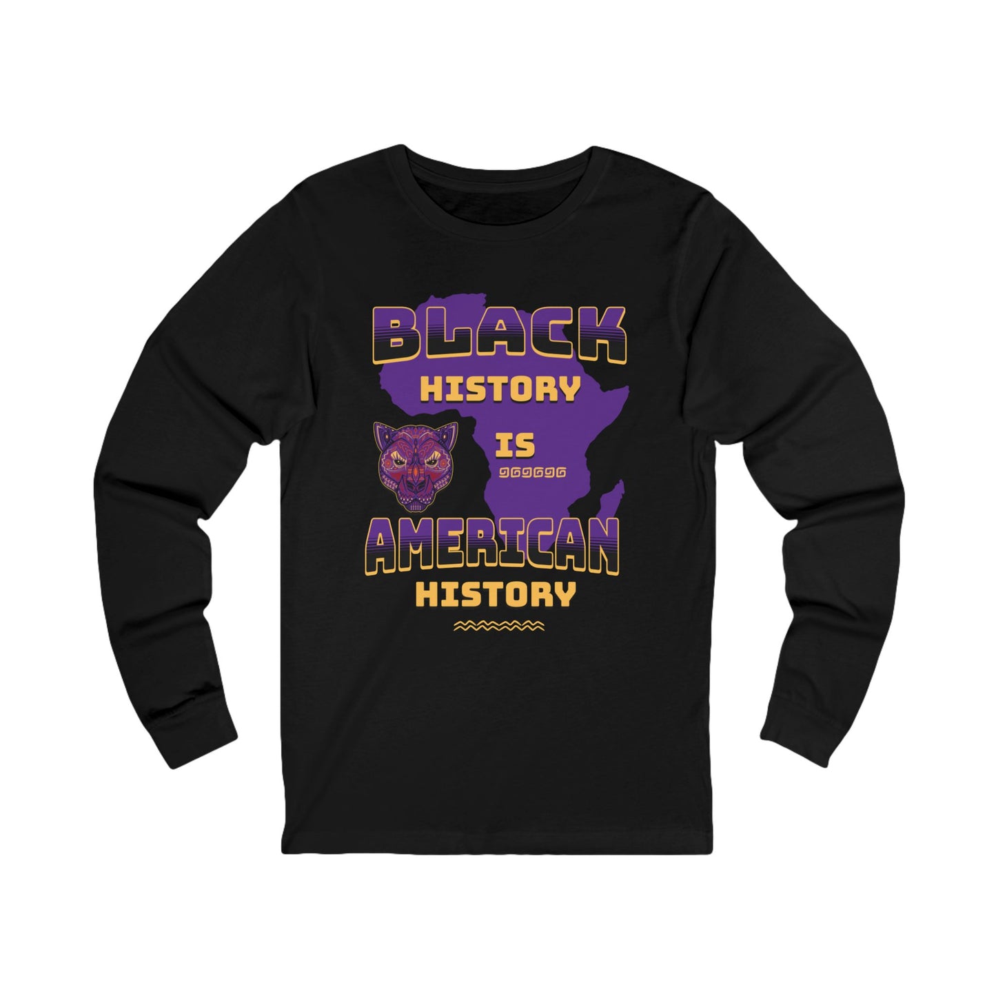 Black long-sleeve shirt with 'Black History is American History' text and panther graphic on a white background