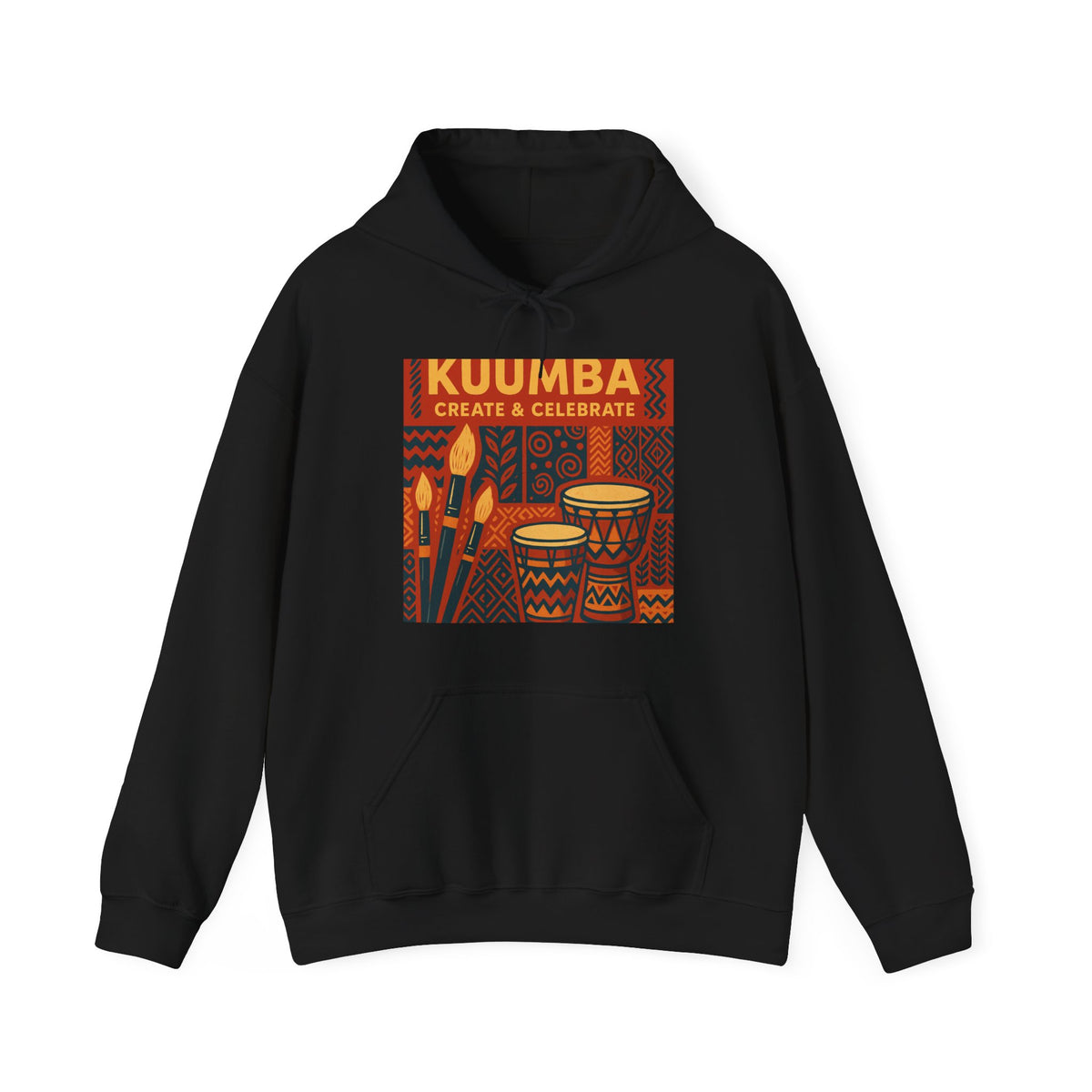A black hoodie with a colorful graphic print featuring the text 'KUUMBA CREATE & CELEBRATE' and traditional patterns with drums, set against a plain white background.