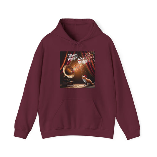 A maroon pullover hoodie with a square graphic print on the chest. The graphic features a vintage gramophone, a fox, and the text 'Silent Night? NOT A HERE!'.