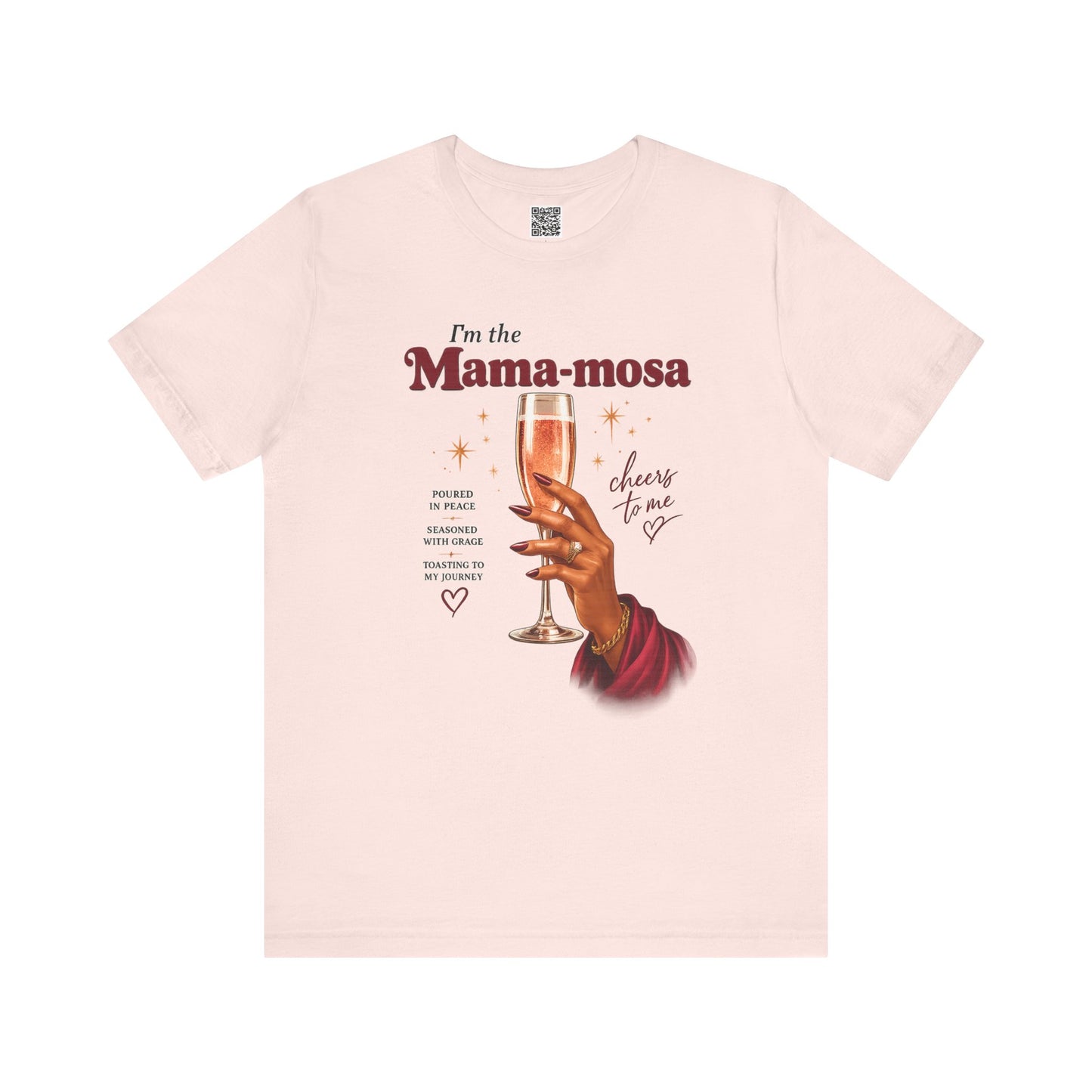 Pink t-shirt with graphic design and text on a white background