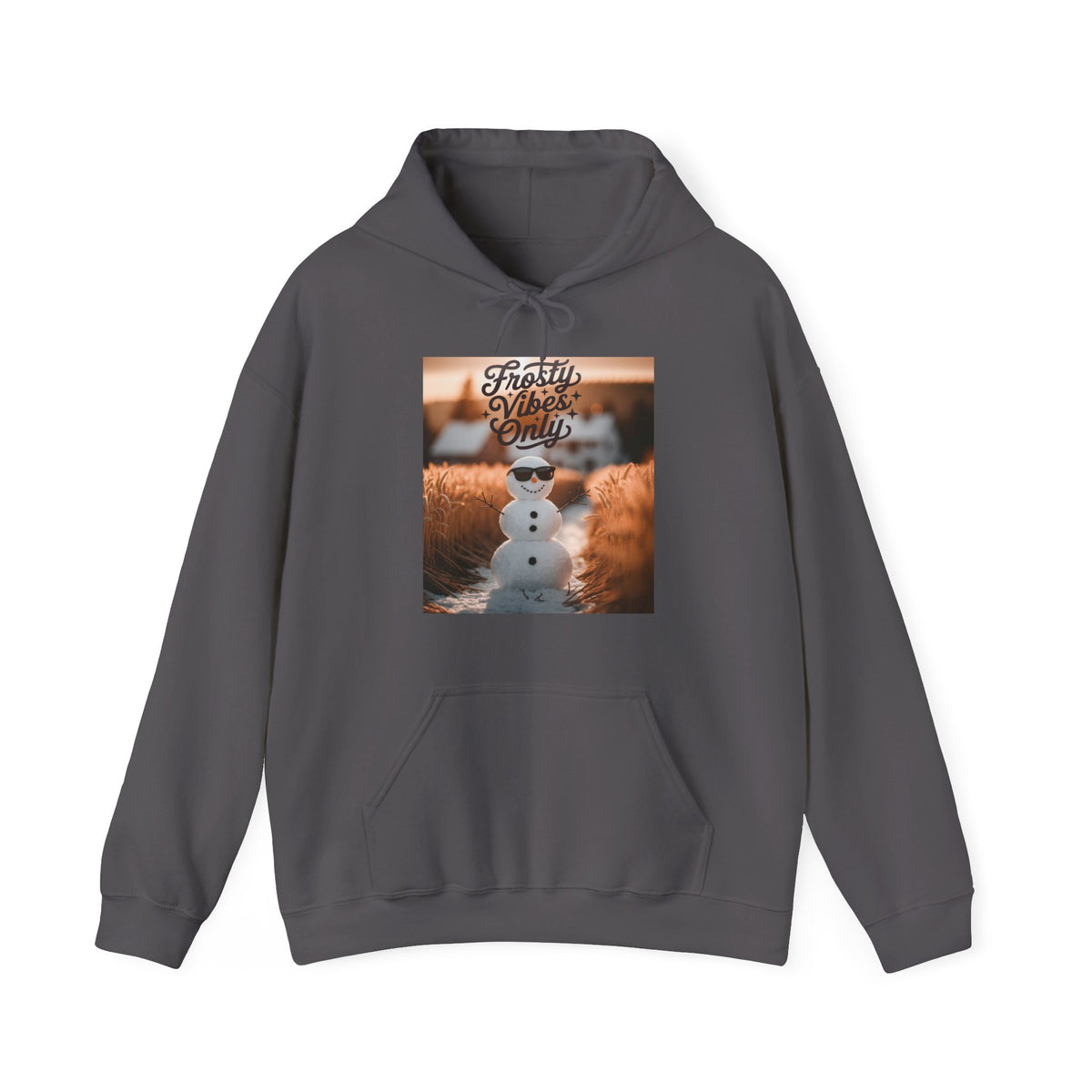 A dark gray pullover hoodie with a square graphic print on the chest showing a snowman wearing sunglasses in front of fluffy brown animals, with the text 'Frosty Vibes Only' above it, displayed on a clean white background.