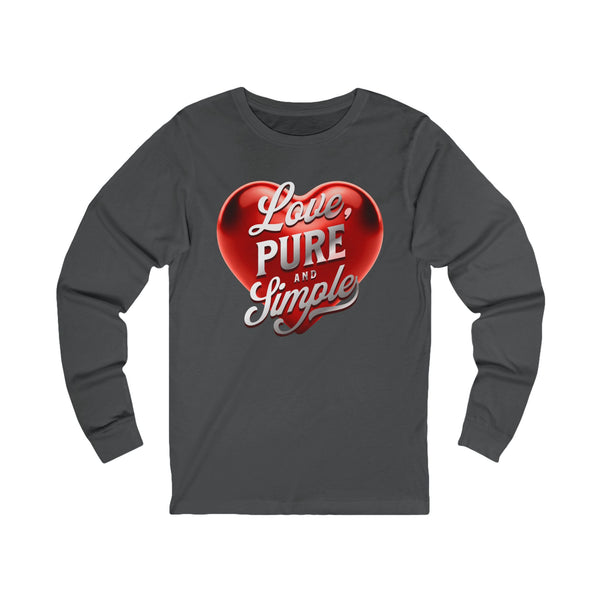 Gray long-sleeve shirt with a red heart and white text on a white background