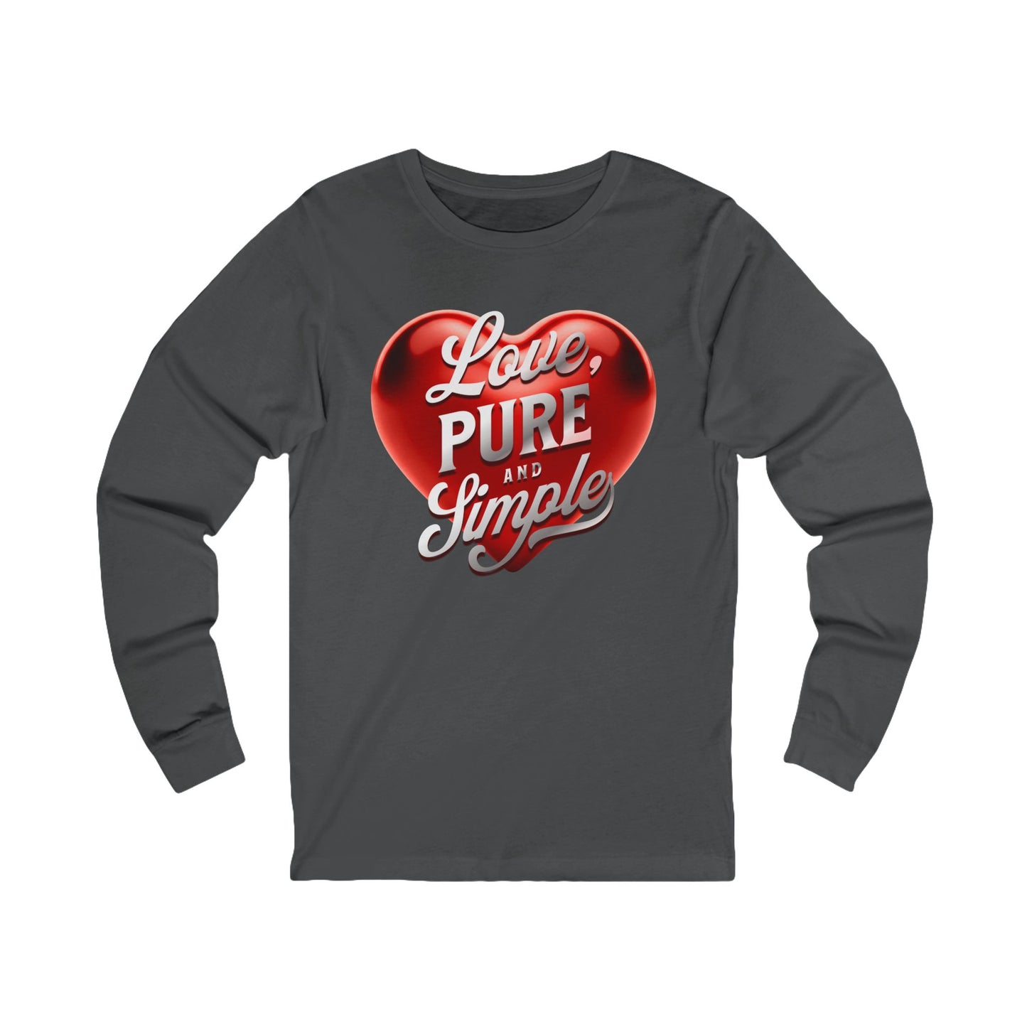 Gray long-sleeve shirt with a red heart and white text on a white background