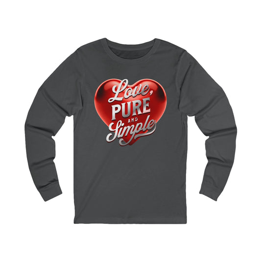 Gray long-sleeve shirt with a red heart and white text on a white background