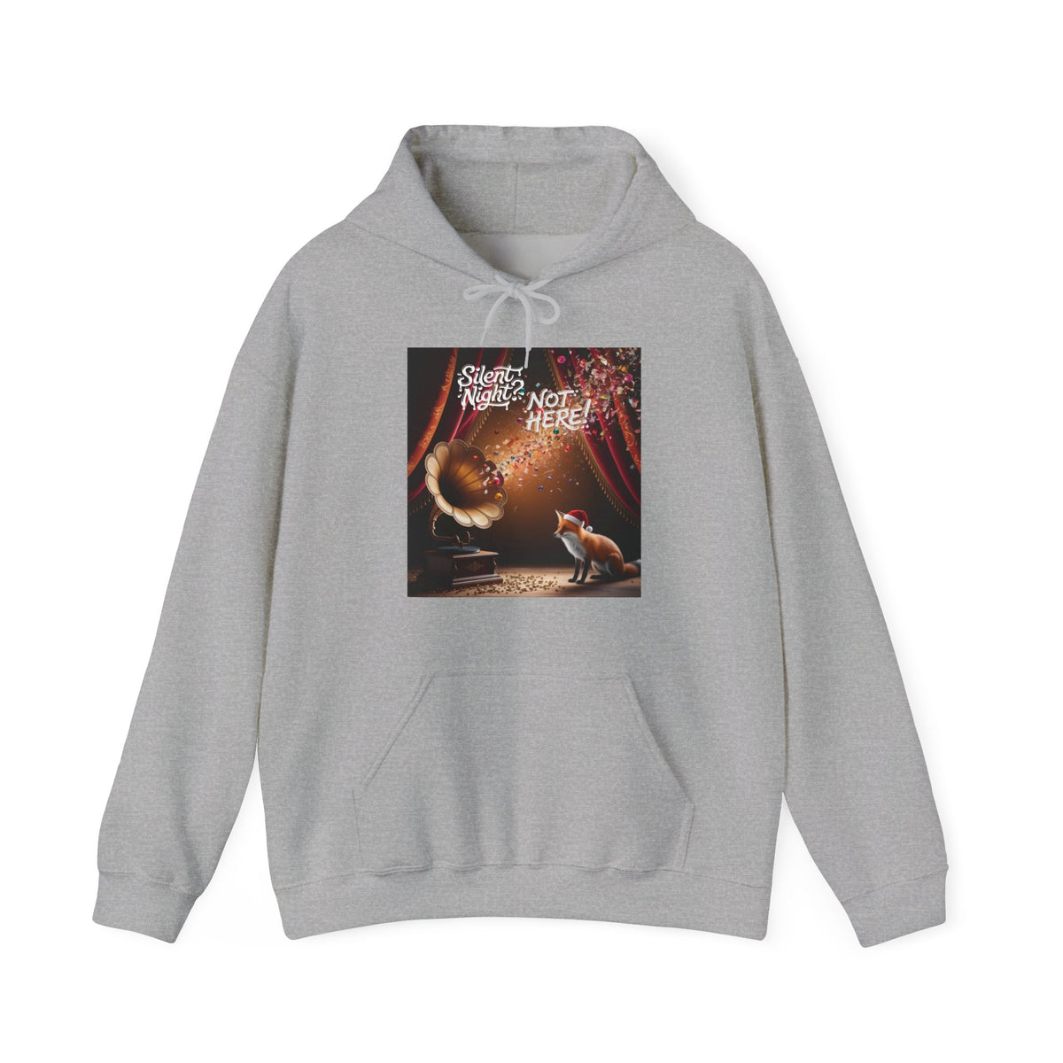 A light gray pullover hoodie with a square graphic print on the chest. The graphic features a vintage gramophone, a fox, and the text 'Silent Night? NOT A HERE!'.