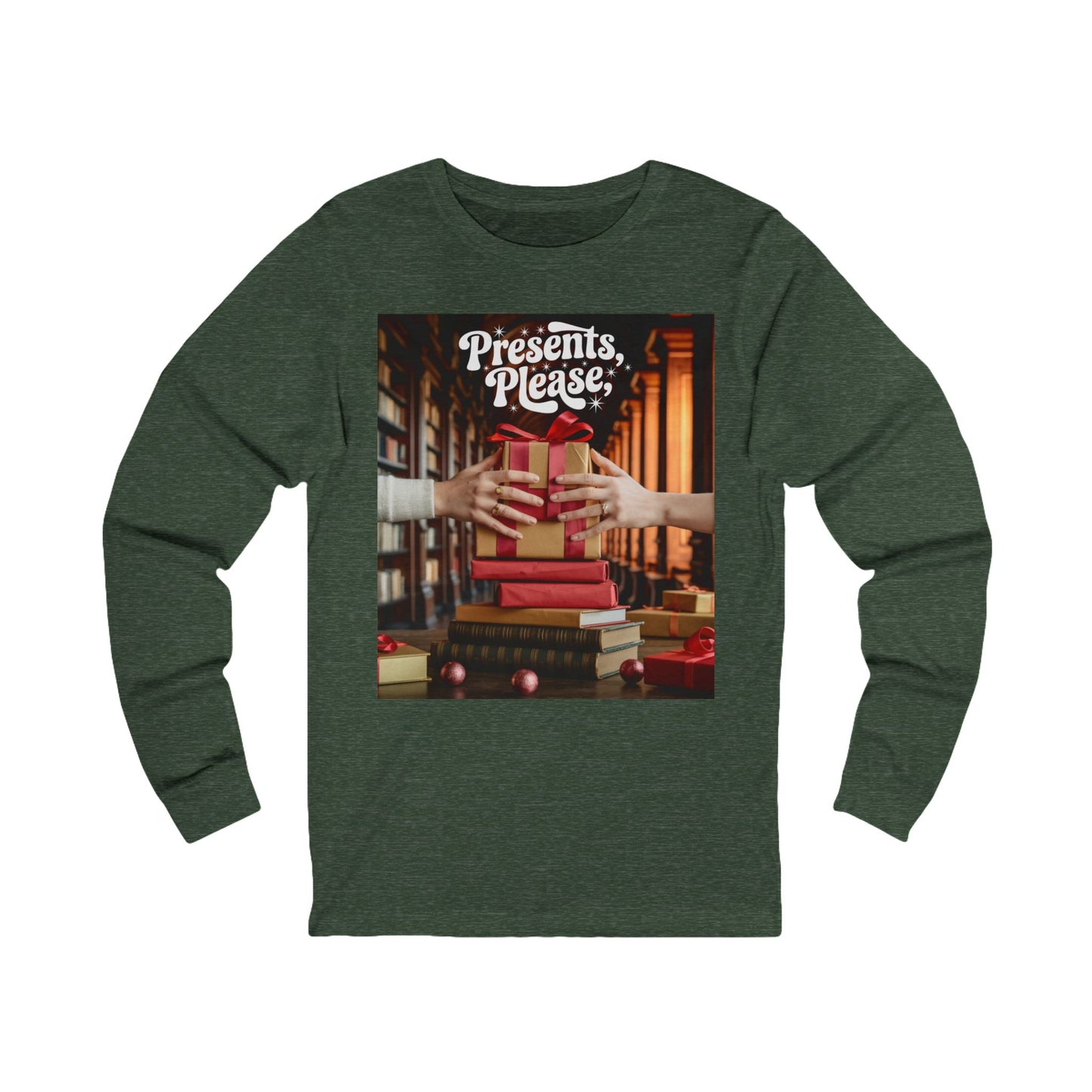 Presents, Please Library Gift Long-Sleeve Tee (Unisex S-2XL) in Cardinal