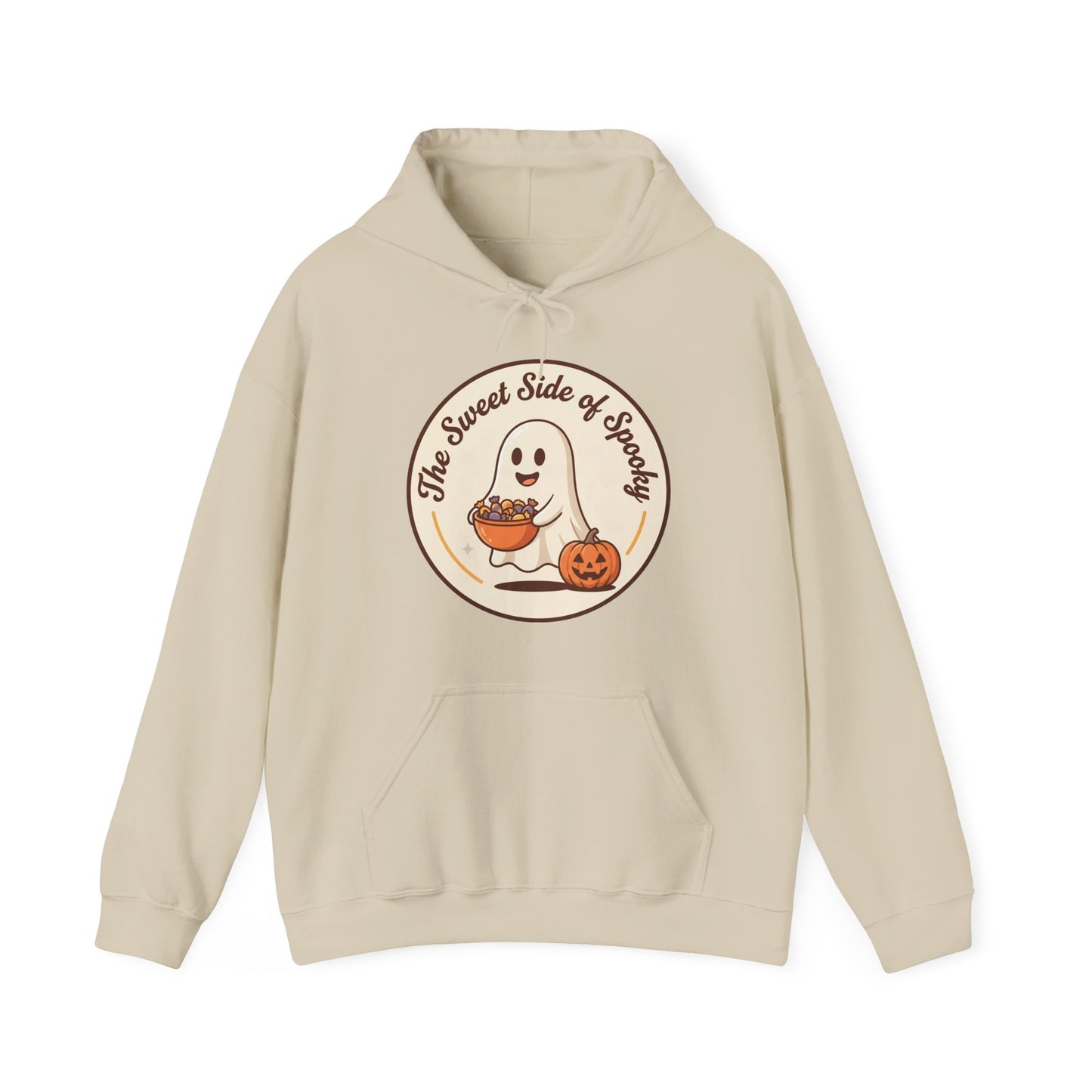 Beiges sweatshirt with a small graphic on a white background
