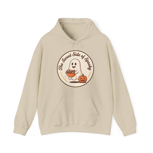 Beiges sweatshirt with a small graphic on a white background