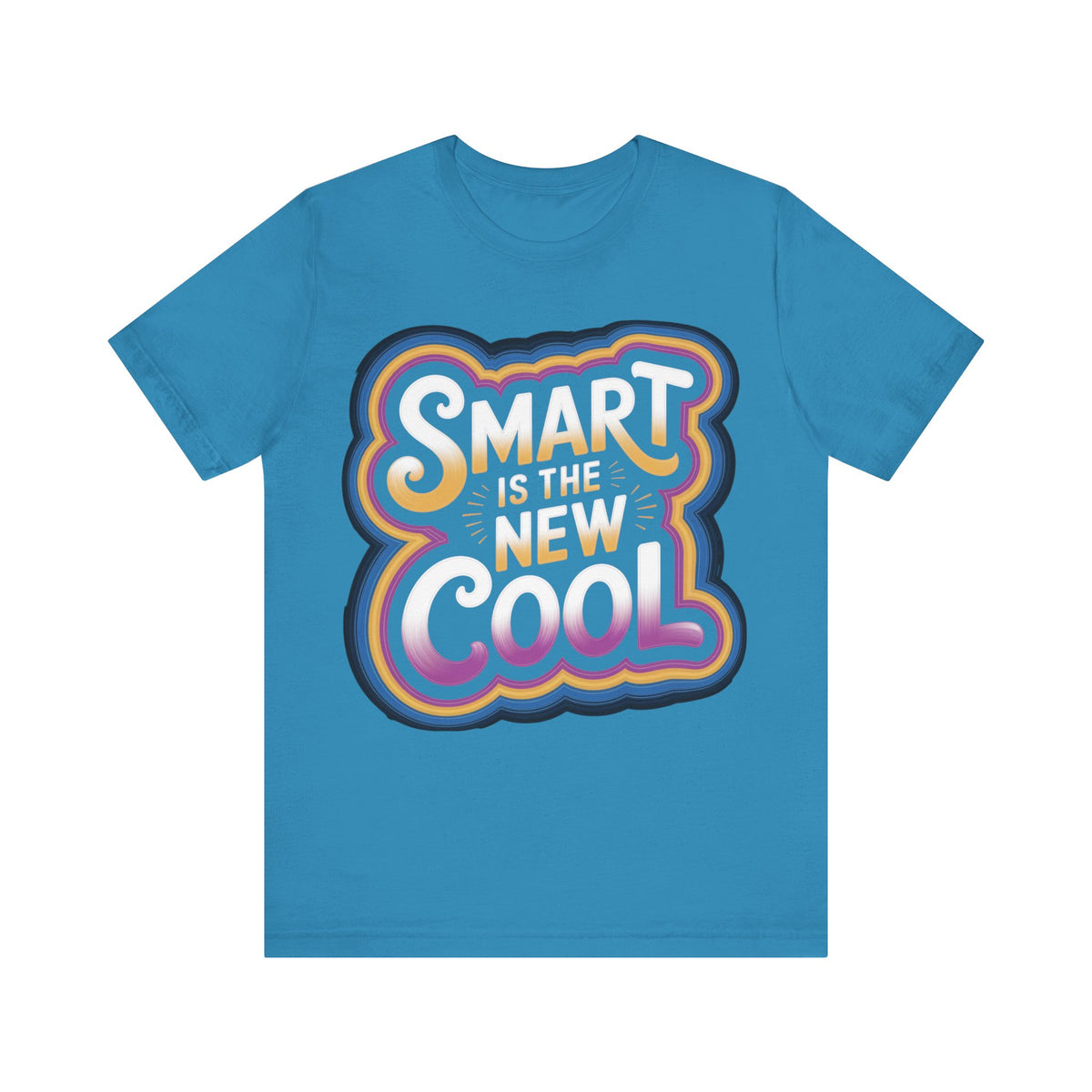 A aqua blue short-sleeve t-shirt with a colorful graphic on the chest that reads 'SMART IS THE NEW COOL' in stylized white, yellow, orange, and pink lettering with a dark outline, shown on a plain white background.