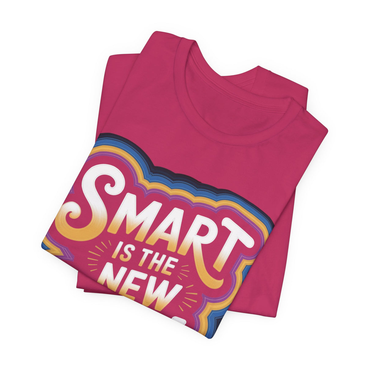 A folded berry pink t-shirt with a retro graphic that reads 'SMART IS THE NEW'. The graphic features wavy retro stripes in yellow, blue, purple, and black, with the word 'SMART' in large white cursive letters.
