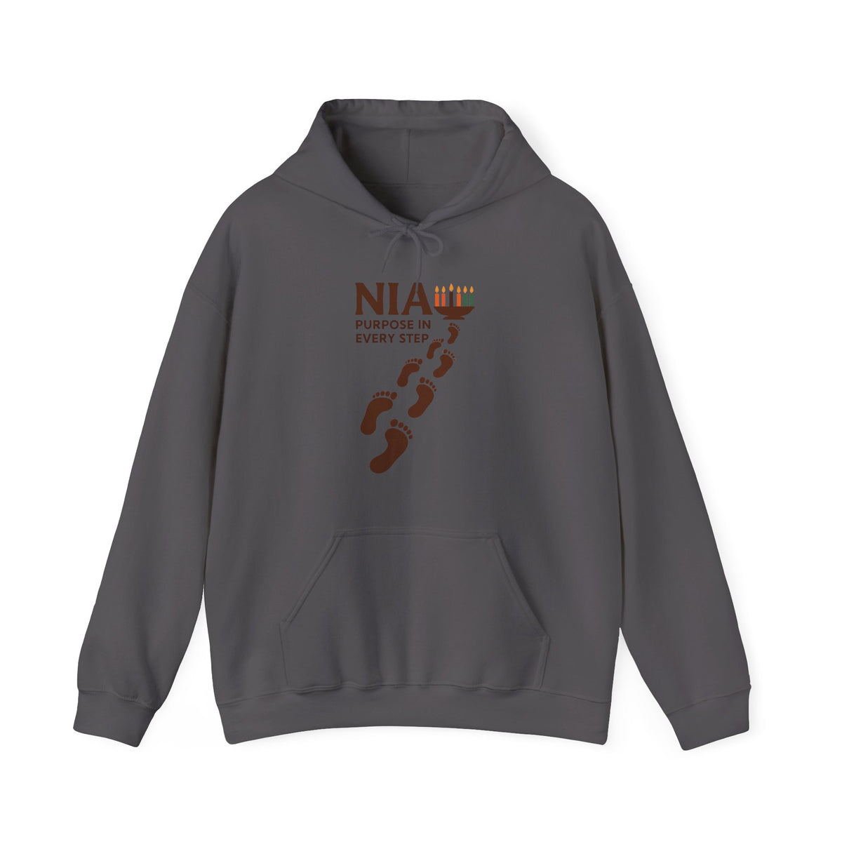 A dark gray hoodie with a black graphic on the chest reading 'NIA PURPOSE IN EVERY STEP' above a line of footprints, shown on a plain white background.