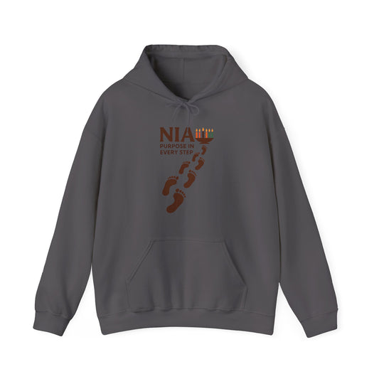 A dark gray hoodie with a black graphic on the chest reading 'NIA PURPOSE IN EVERY STEP' above a line of footprints, shown on a plain white background.