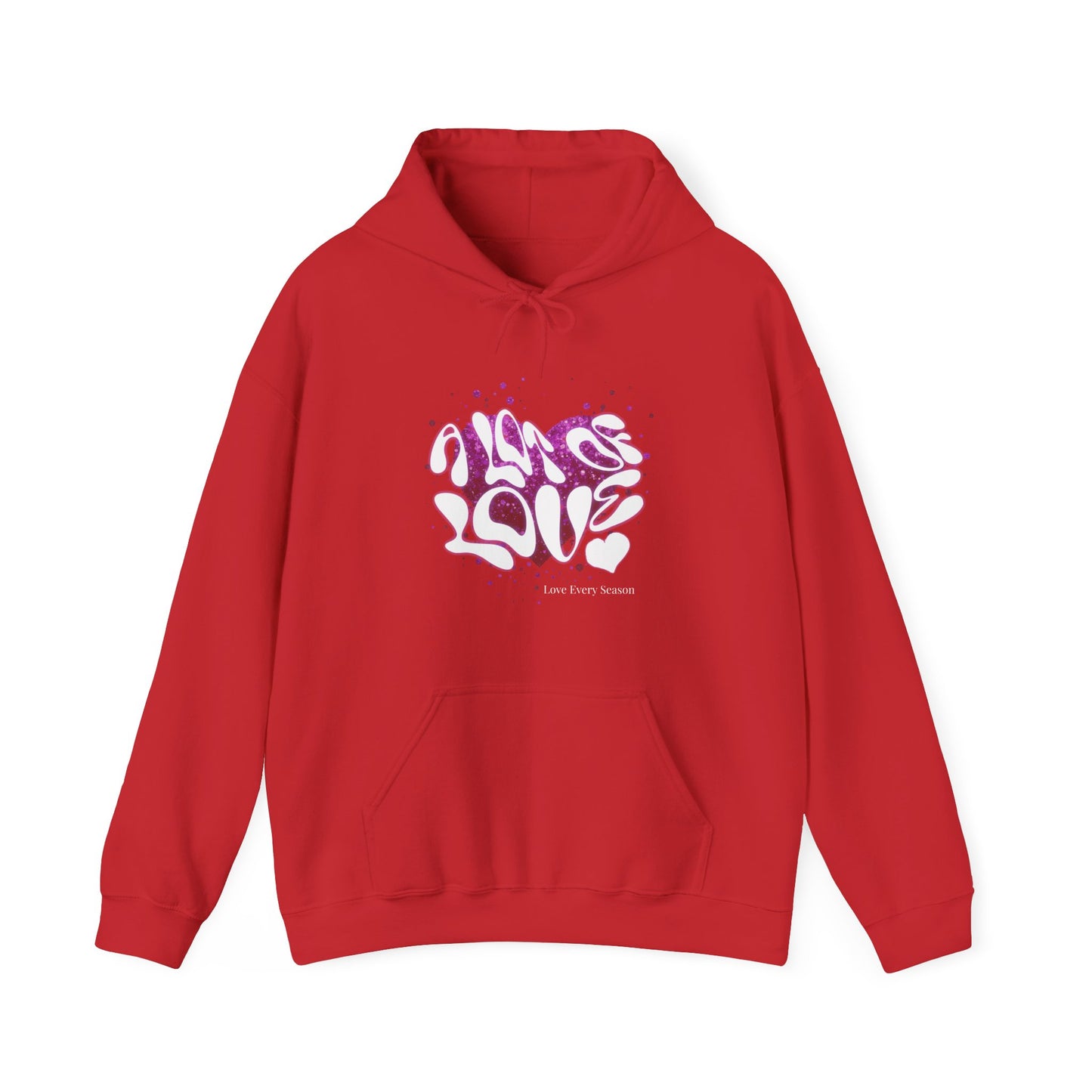 Red hoodie with a colorful graphic design on a white background