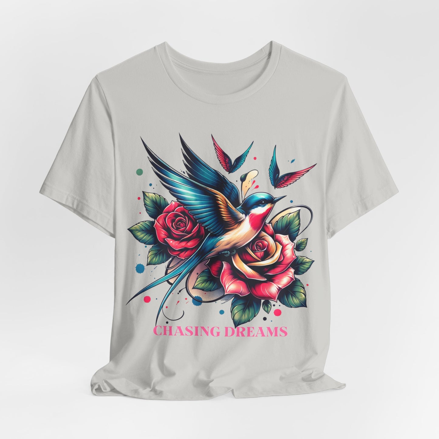 Chasing Dreams – Tattoo-Inspired Motivational Tee (Unisex, S–3XL) in silver