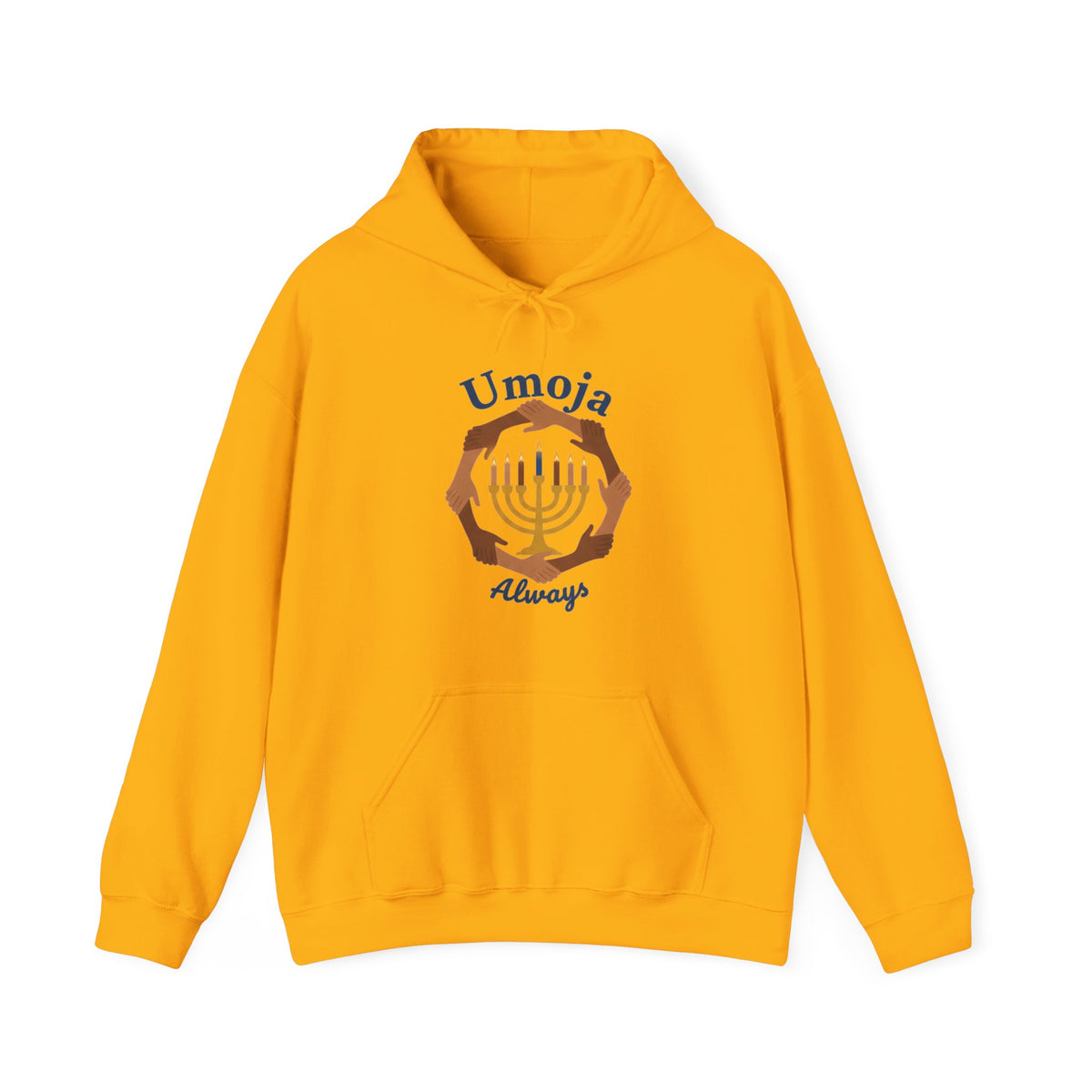 A gold hoodie with a 'Umoja Always' graphic featuring a menorah and hands against a plain white background.