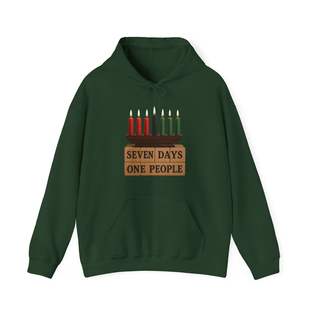 A dark green pullover hoodie with a graphic of seven candles (three red, four green) on a wooden plaque that reads 'SEVEN DAYS ONE PEOPLE'.