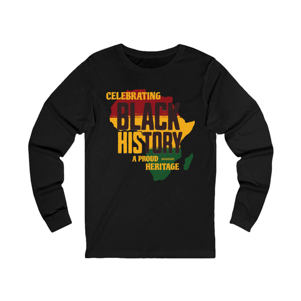 Black long-sleeve shirt with 'Celebrating Black History' design on a white background