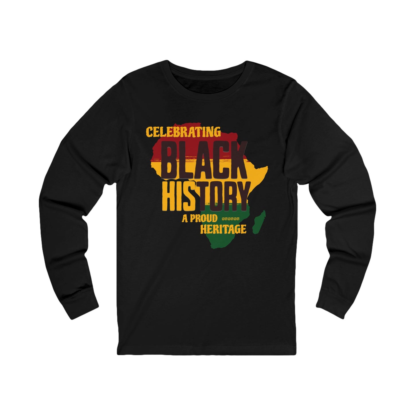 Black long-sleeve shirt with 'Celebrating Black History' design on a white background