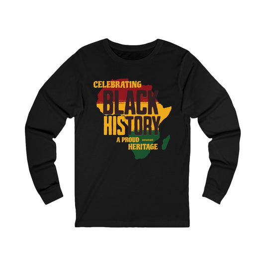 Black long-sleeve shirt with 'Celebrating Black History' design on a white background