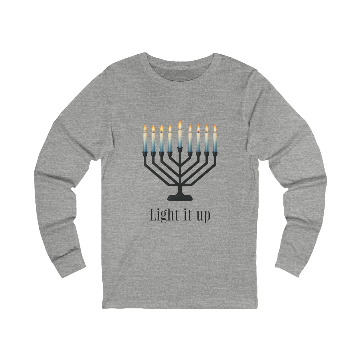 A heather gray long-sleeve t-shirt featuring a black menorah graphic with blue-to-yellow lit candles and the text 'Light it up' printed below, displayed on a solid white background.
