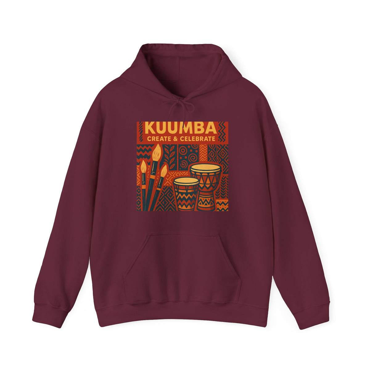 A maroon hoodie with a colorful graphic print featuring the text 'KUUMBA CREATE & CELEBRATE' and traditional patterns with drums, set against a plain white background.