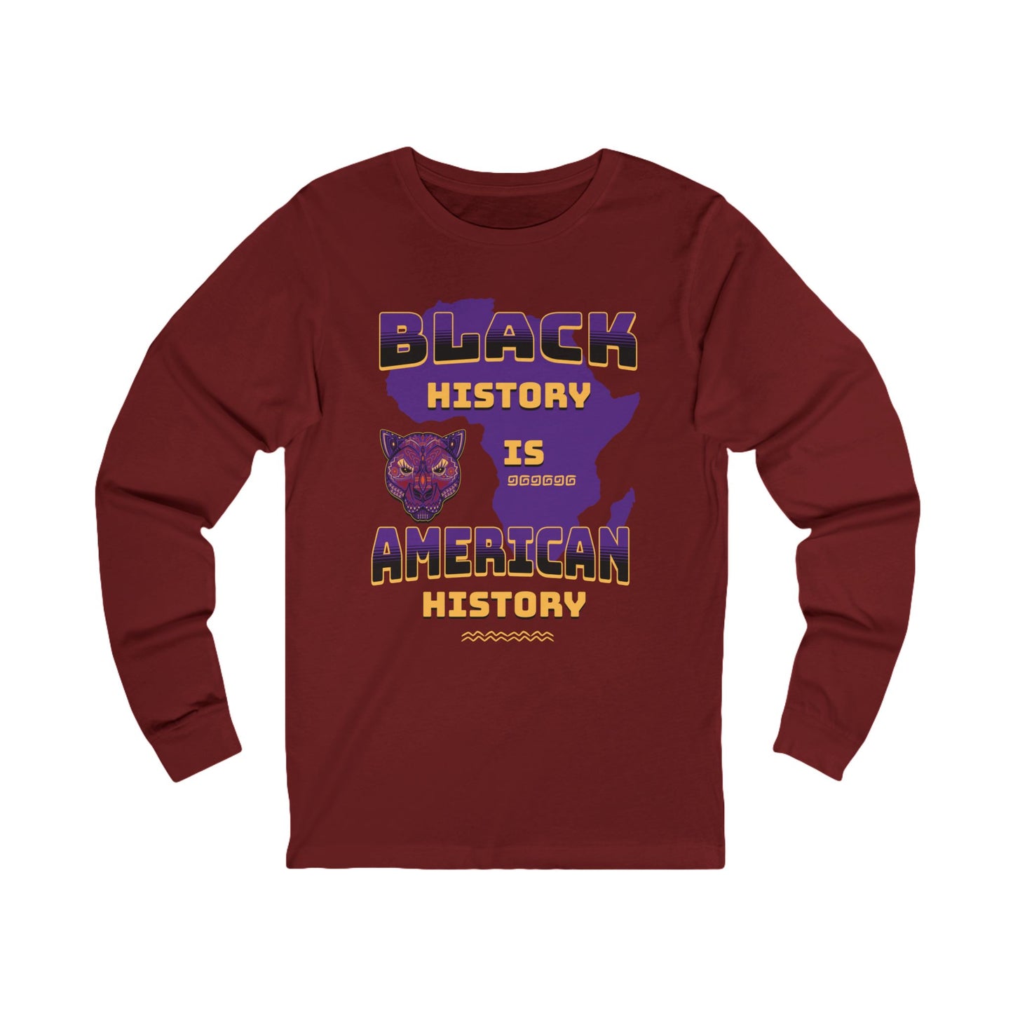 Maroon long-sleeve shirt with 'Black History is American History' text and panther graphic on a white background
