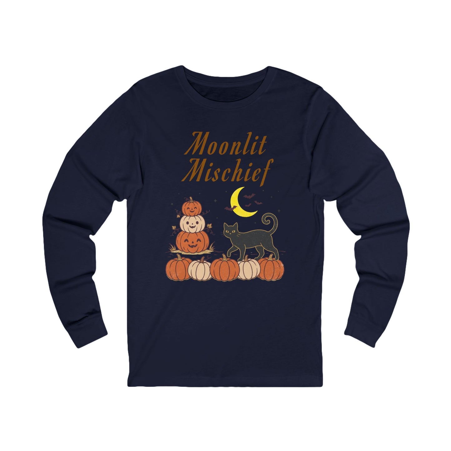 A navy blue long-sleeve t-shirt with a Halloween graphic on the front. The graphic features the text 'Moonlit Mischief' in a gold font above a stack of jack-o'-lanterns, a black cat, and a crescent moon.