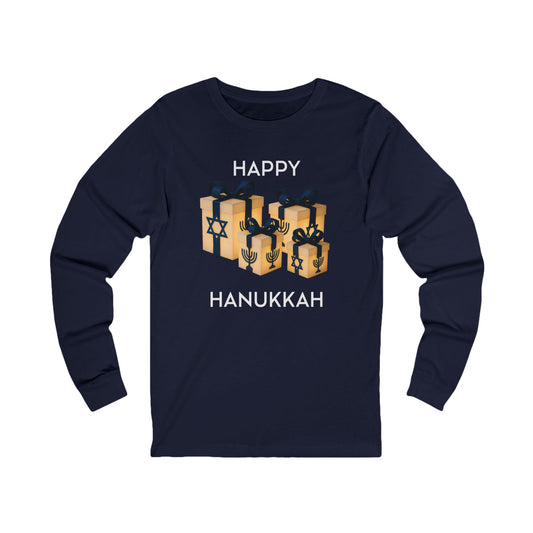 Happy Hanukkah Gift Long Sleeve Tee (Unisex S-2XL) in Navy