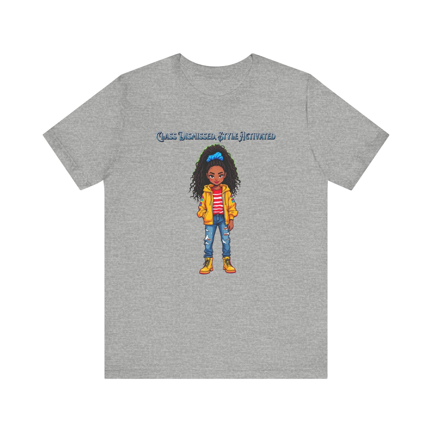 A heather gray short-sleeve t-shirt with a graphic of a cartoon girl with curly hair wearing a yellow jacket, blue jeans, and yellow boots, with the text 'Black Girls Rock Me' above her, shown on a plain white background.