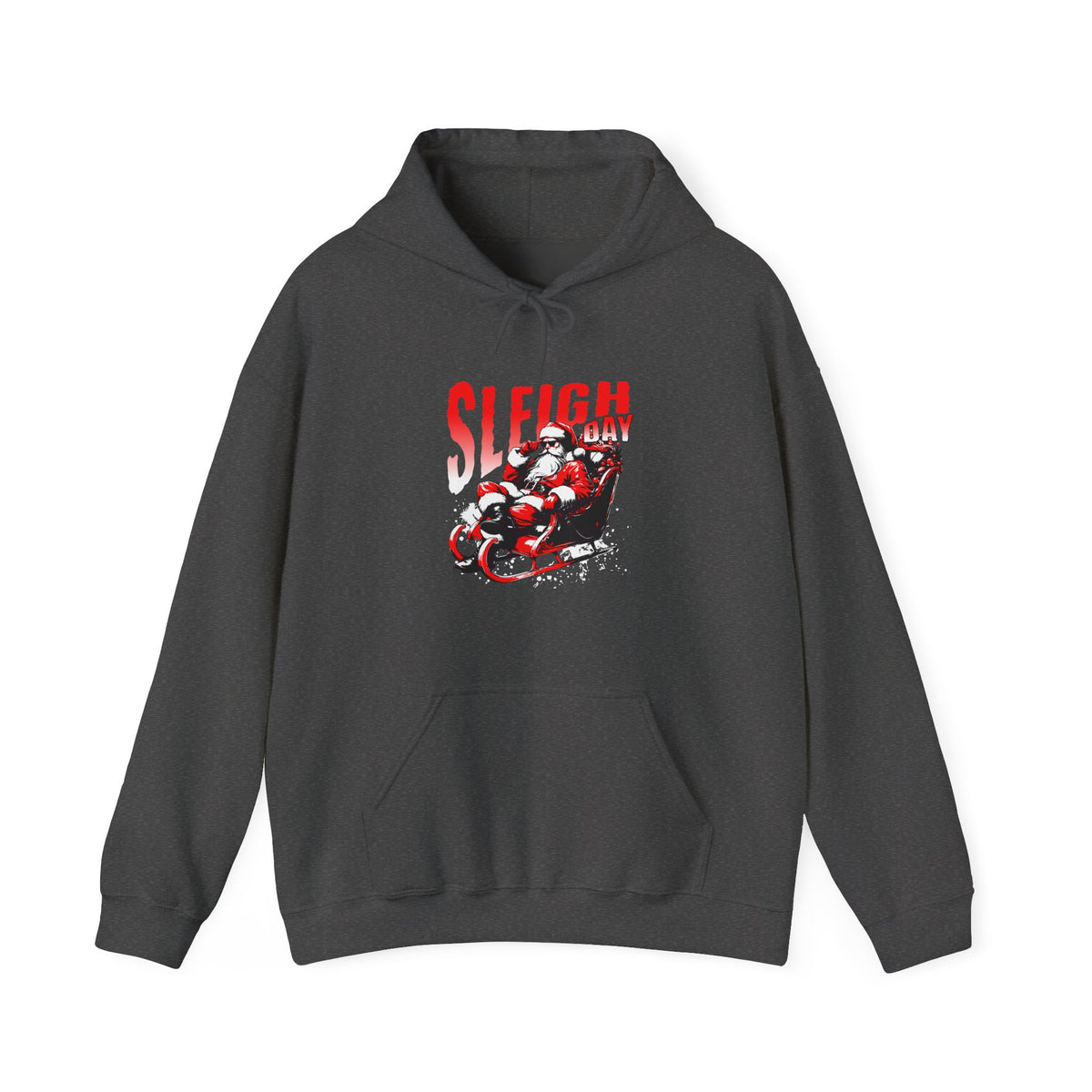 A dark gray pullover hoodie with a front graphic that reads 'SLEIGH DAY HOODIE' in pink and gold, accompanied by starburst accents and a small globe icon, shown on a plain white background.