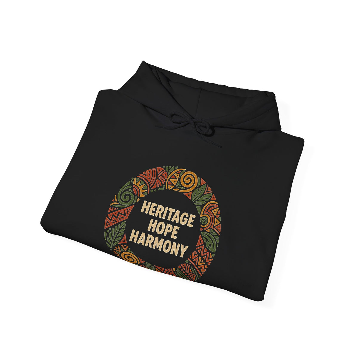 A folded black hoodie with a circular 'Heritage Hope Harmony' graphic on the chest, paired with blue jeans, against a plain white background.