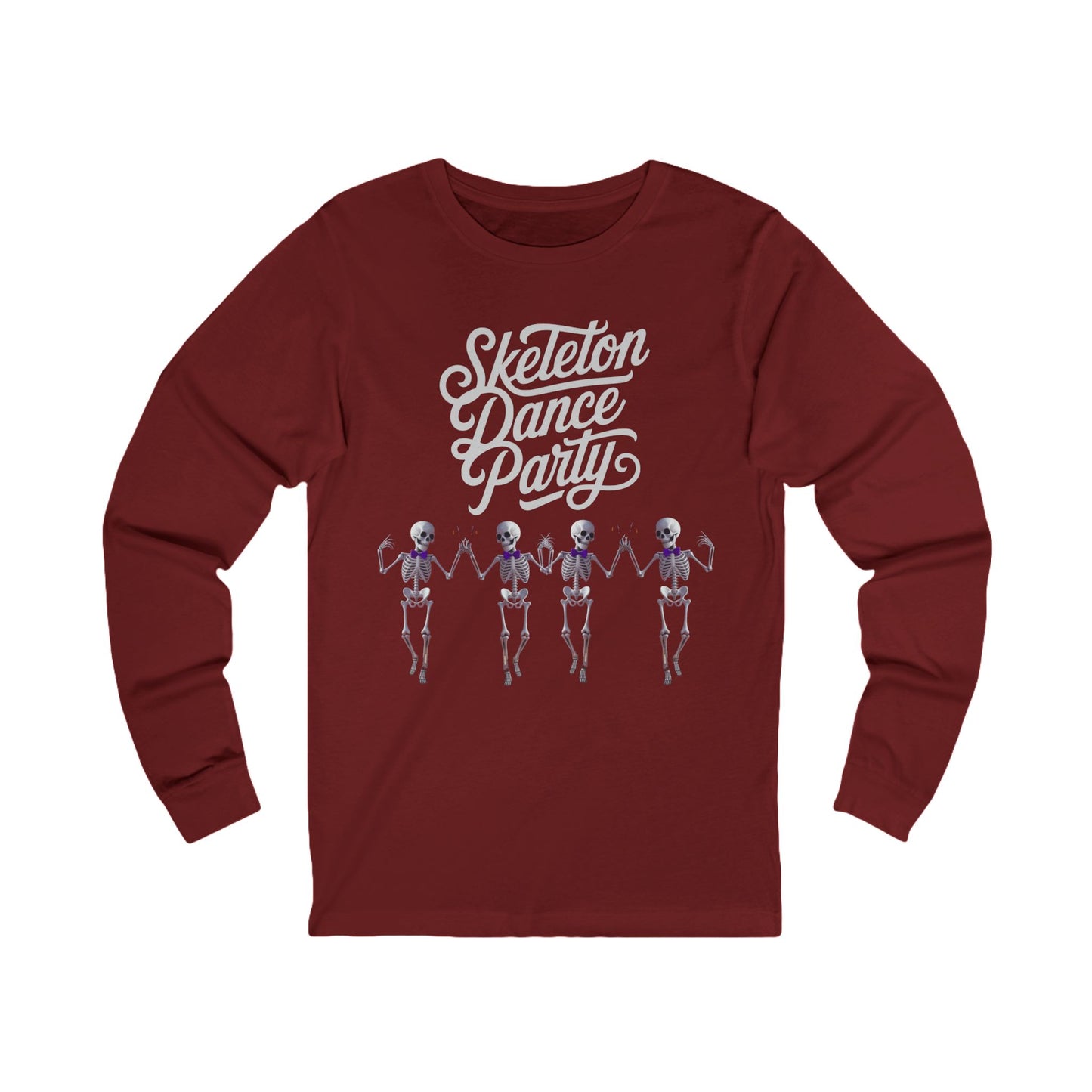 Red long-sleeve shirt with graphic design and text on a white background