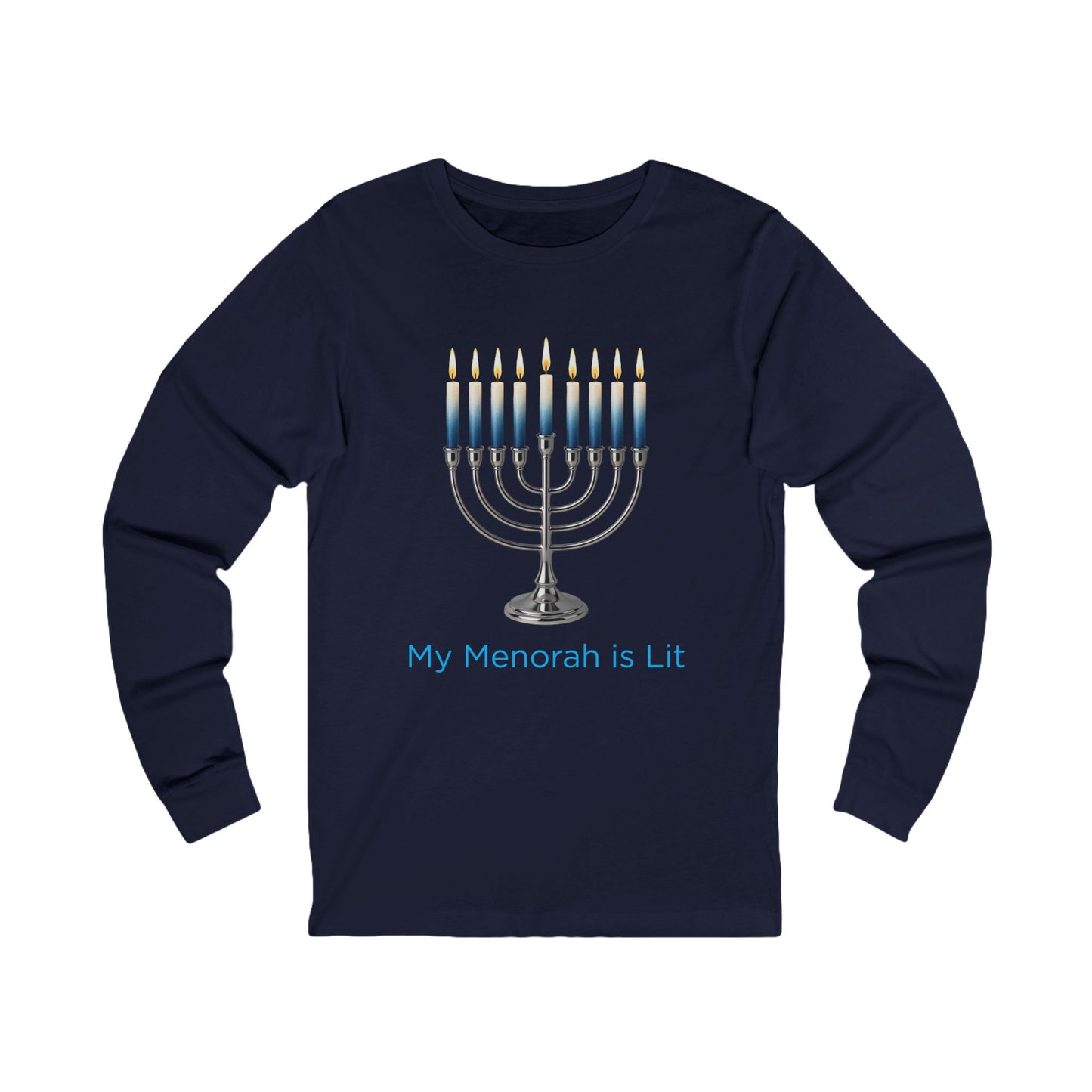 My Menorah Is Lit Hanukkah Long Sleeve Tee (Unisex S-2XL) in Navy