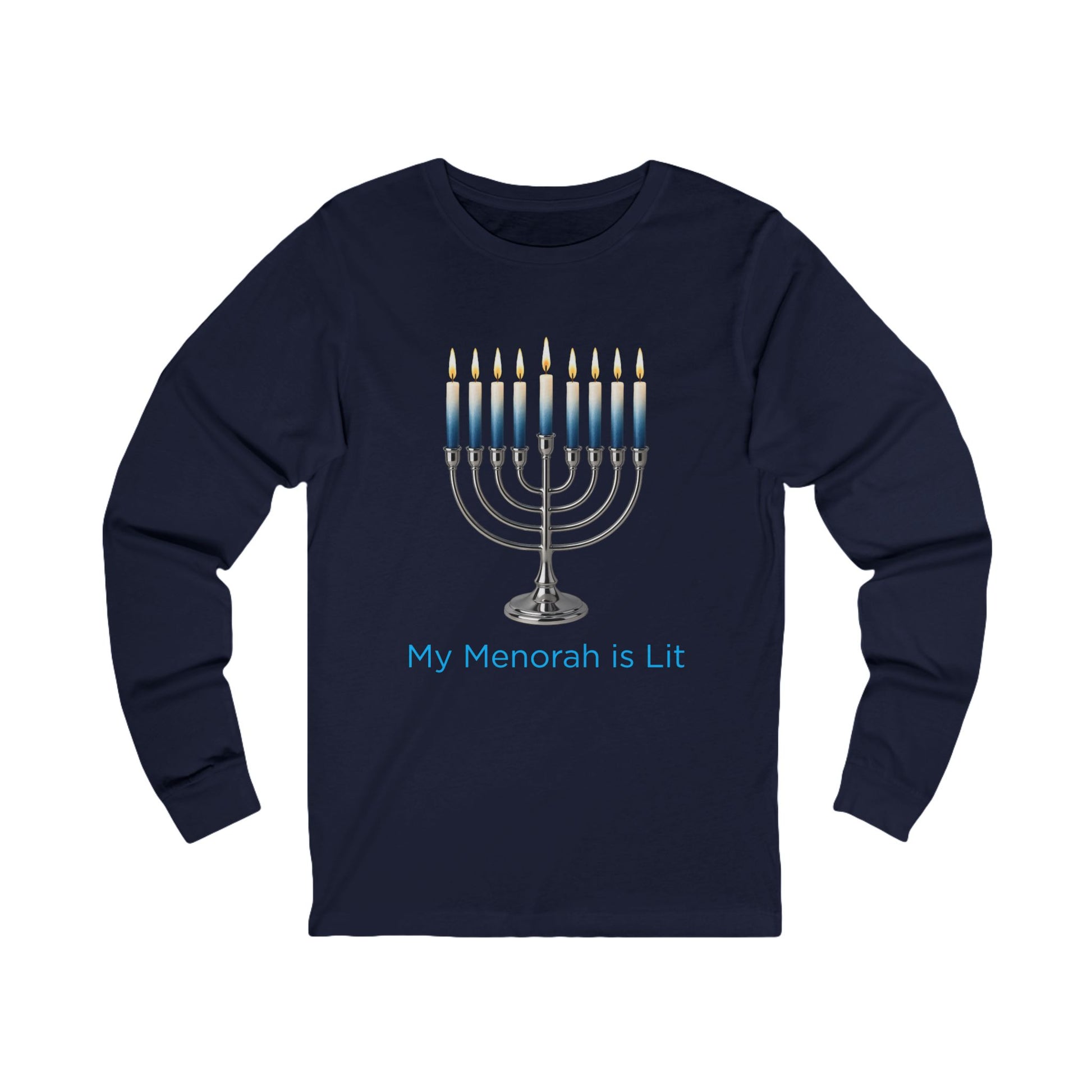My Menorah Is Lit Hanukkah Long Sleeve Tee (Unisex S-2XL) in Navy