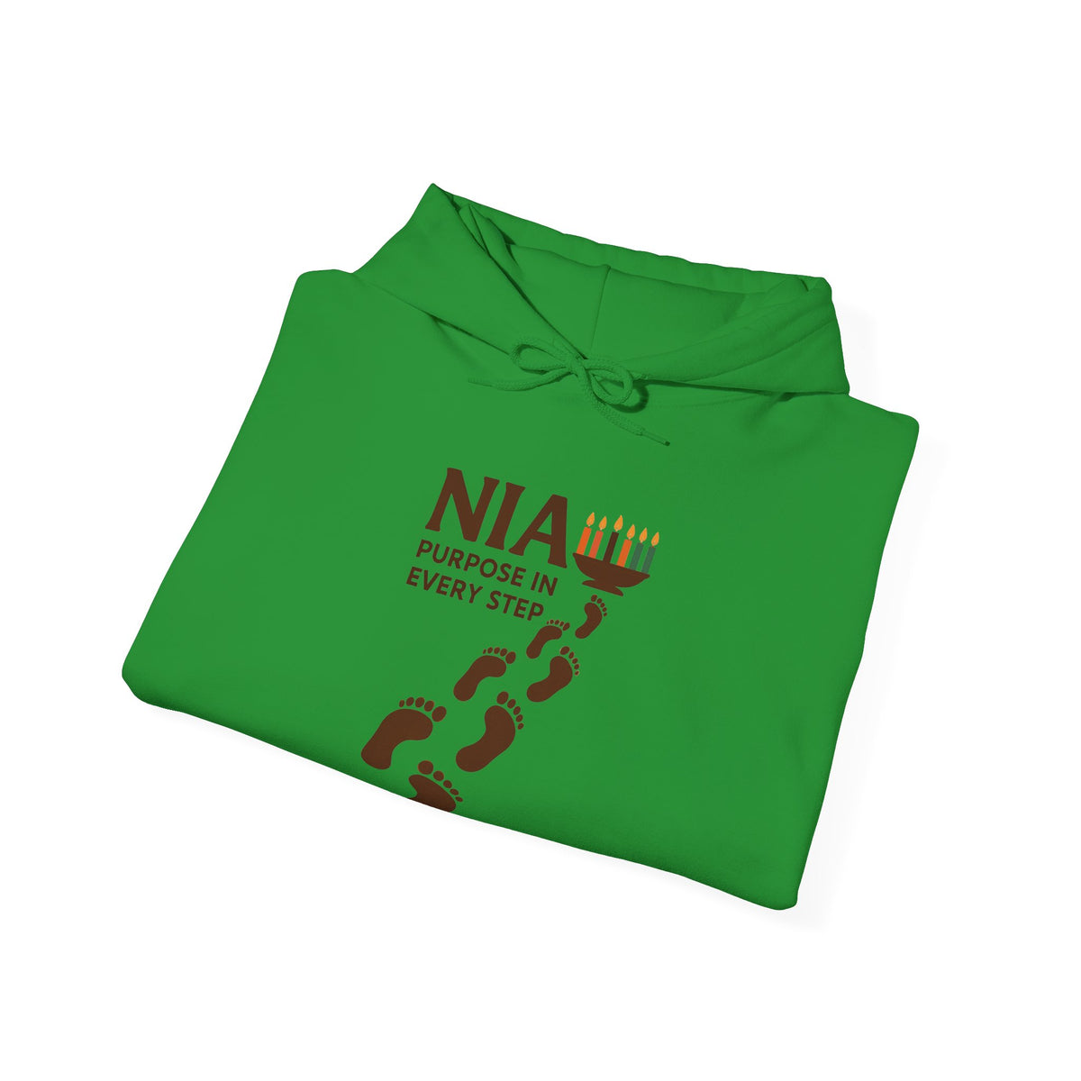 A folded bright green hoodie on a plain white background, featuring a brown graphic print with the text 'NIA PURPOSE IN EVERY STEP' and a menorah design.