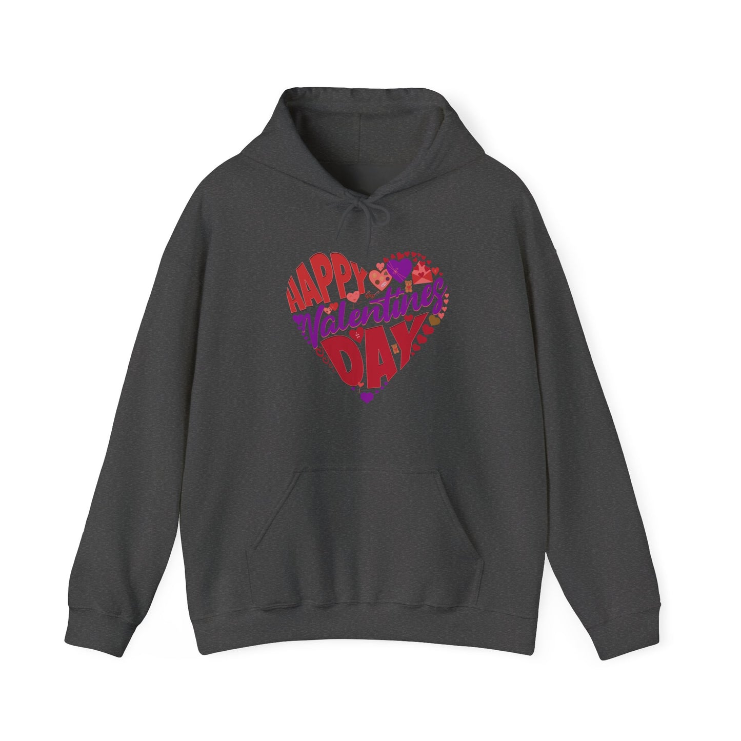 Gray hoodie with a colorful 'Happy Valentine's Day' design on a white background