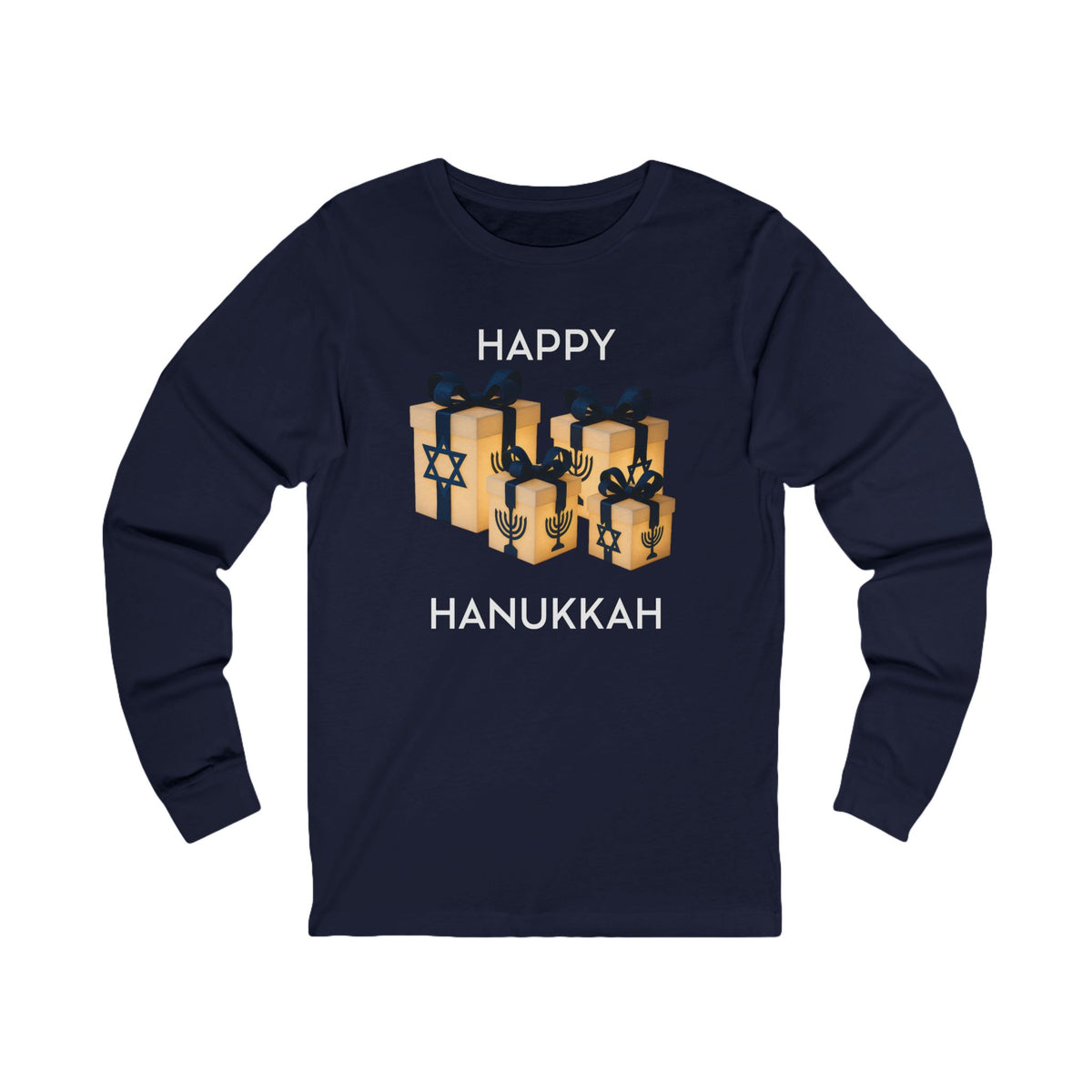 A navy blue long-sleeve t-shirt with a graphic of wrapped Hanukkah presents and the text 'HAPPY HANUKKAH' printed on the chest, displayed on a clean white background.