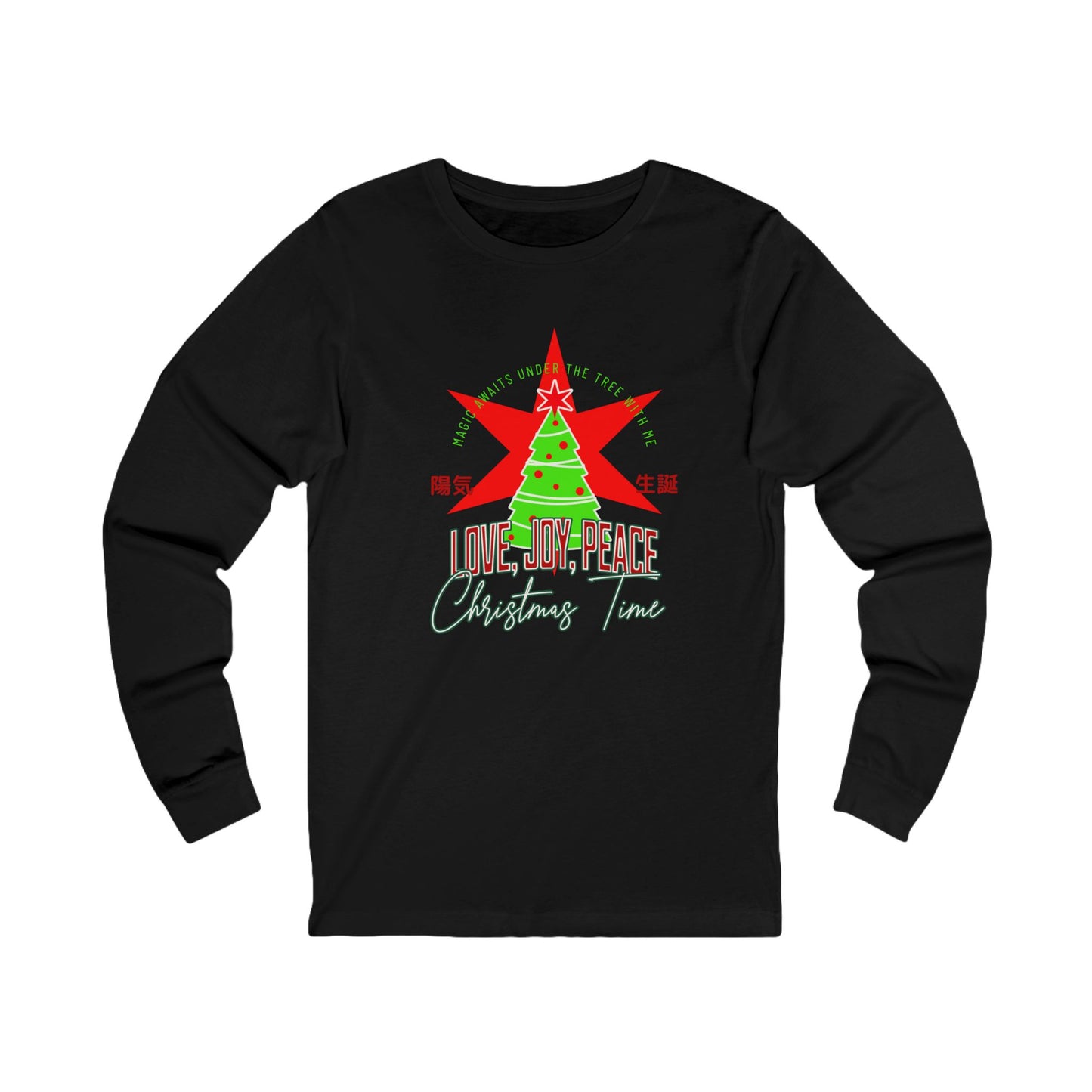 Love, Joy, and Peace Star Long-Sleeve Tee (Unisex S-2XL) in Heather Forest