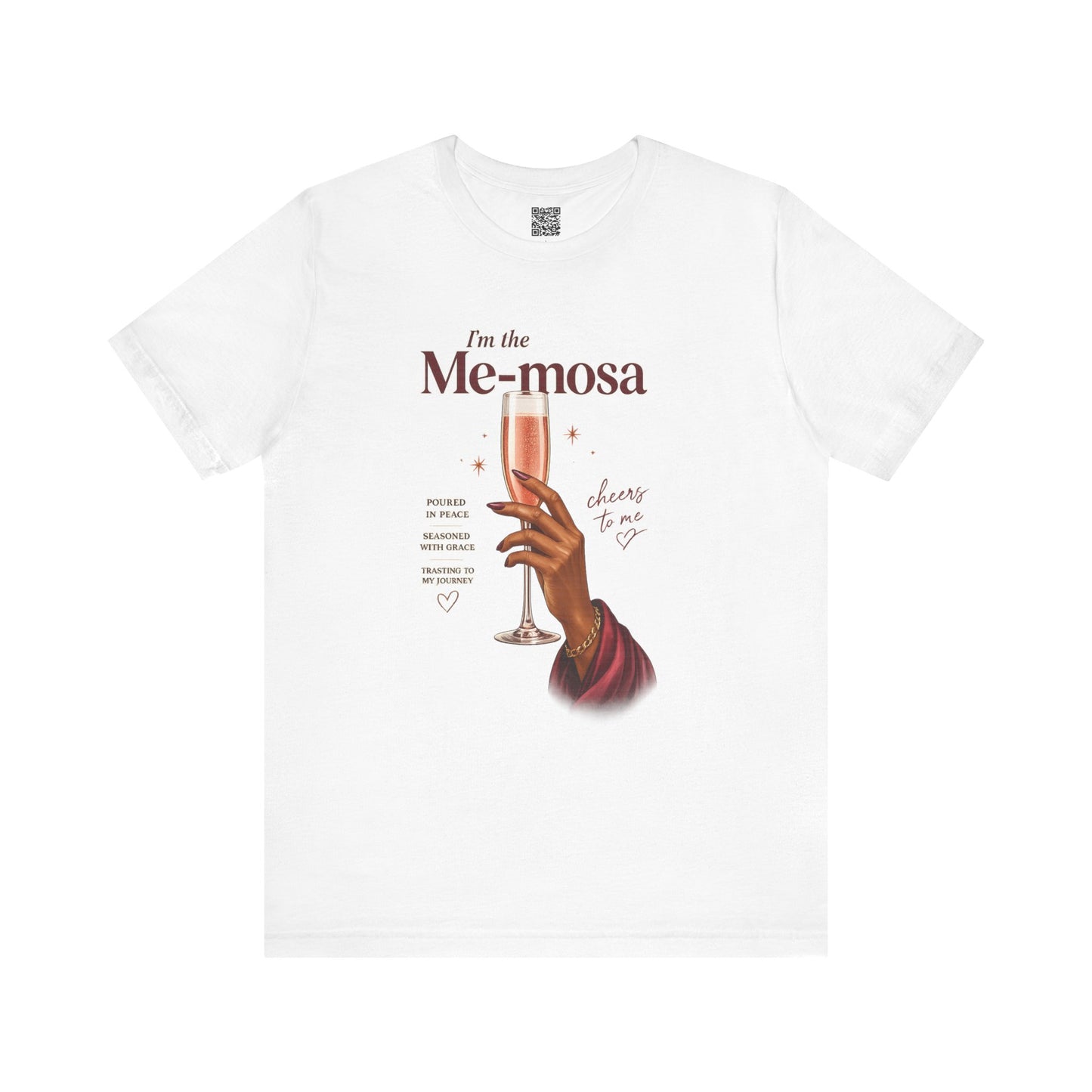 White t-shirt with a graphic of a hand holding a glass of mimosas and text on a white background