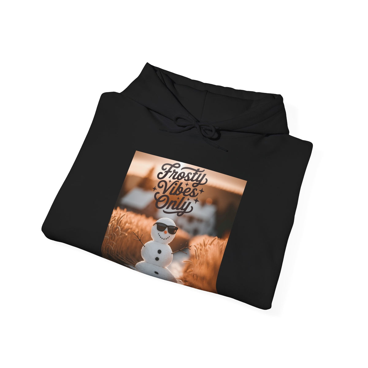 A folded black pullover hoodie with a square graphic print on the chest showing a snowman wearing sunglasses in front of fluffy brown animals, with the text 'Frosty Vibes Only' above it, displayed on a clean white background.