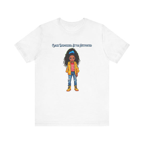 A white short-sleeve crewneck t-shirt featuring a cartoon illustration of a girl with curly hair and the text 'CLASS DISMISSED. BY ME ACTIVATED' printed above her, displayed on a clean white background.