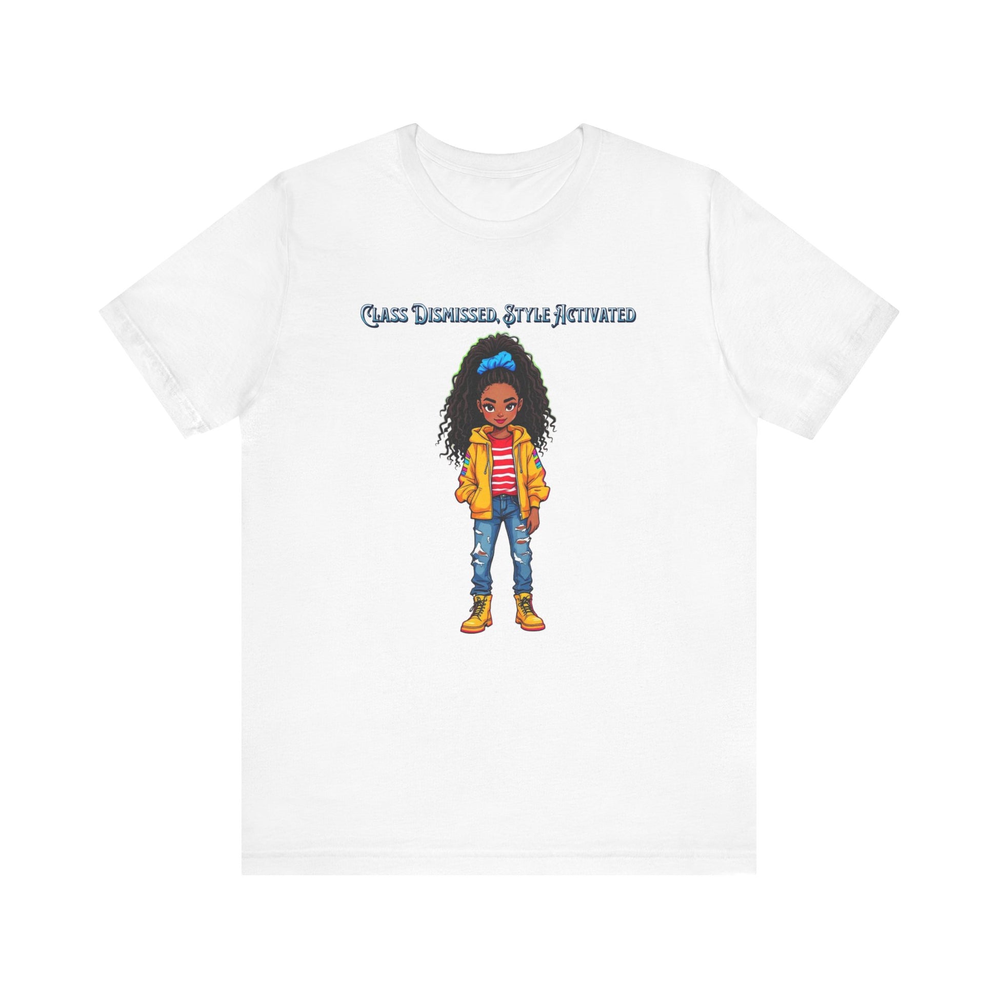 A white short-sleeve crewneck t-shirt featuring a cartoon illustration of a girl with curly hair and the text 'CLASS DISMISSED. BY ME ACTIVATED' printed above her, displayed on a clean white background.