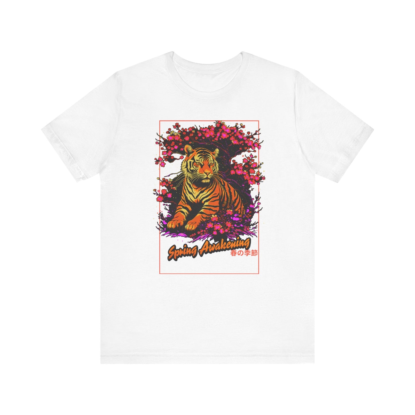 White t-shirt with a tiger graphic and 'Spring Awakening' text on a white background