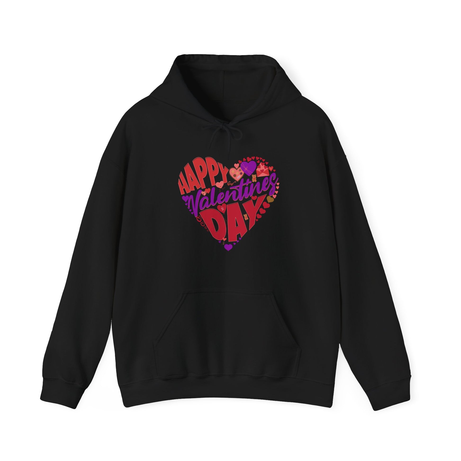 Black hoodie with 'Happy Valentine's Day' text in a heart shape on a white background