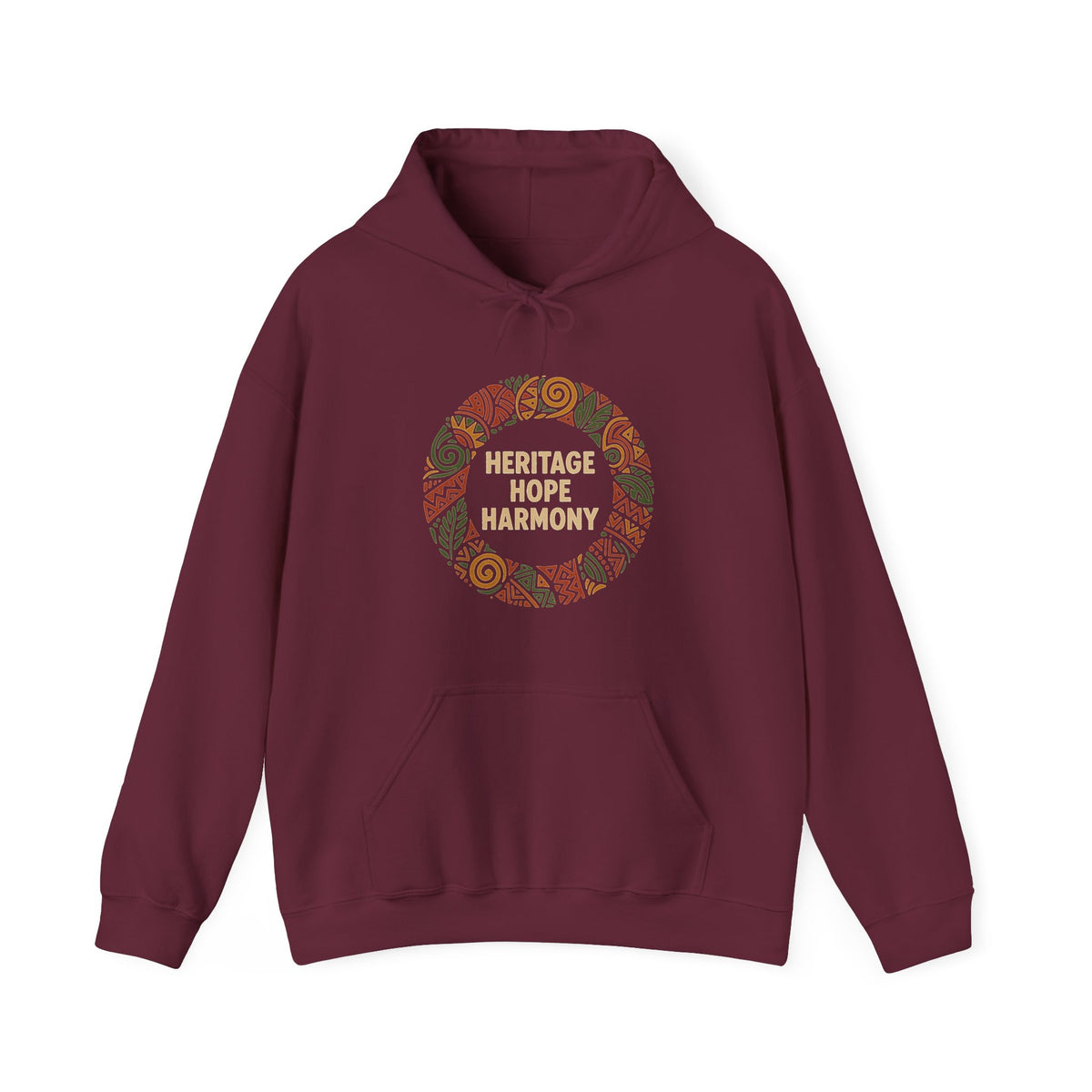 A maroon hoodie with a circular 'Heritage Hope Harmony' graphic on the chest, paired with blue jeans, against a plain white background.