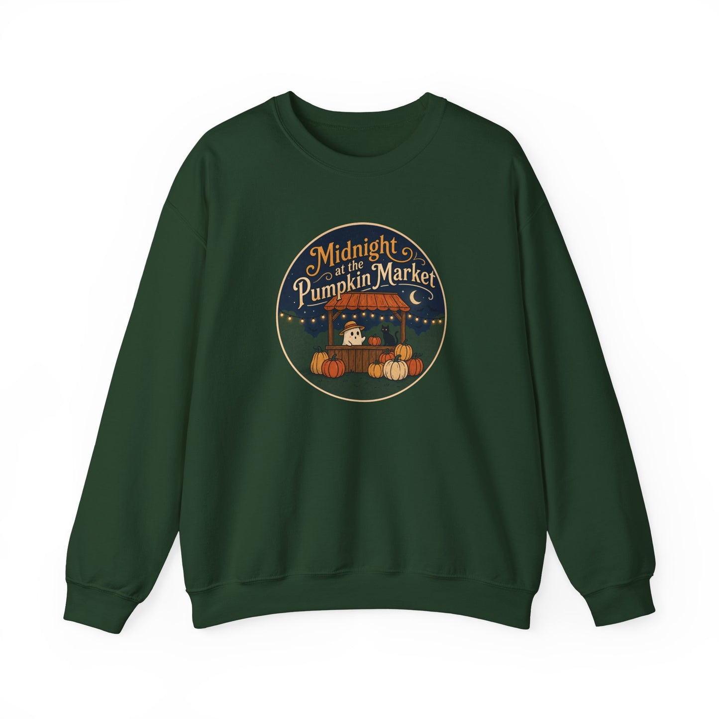 Green graphic sweatshirt featuring a 'Midnight Pumpkin Market' design, layered under an olive green jacket. She is standing against a solid white background.