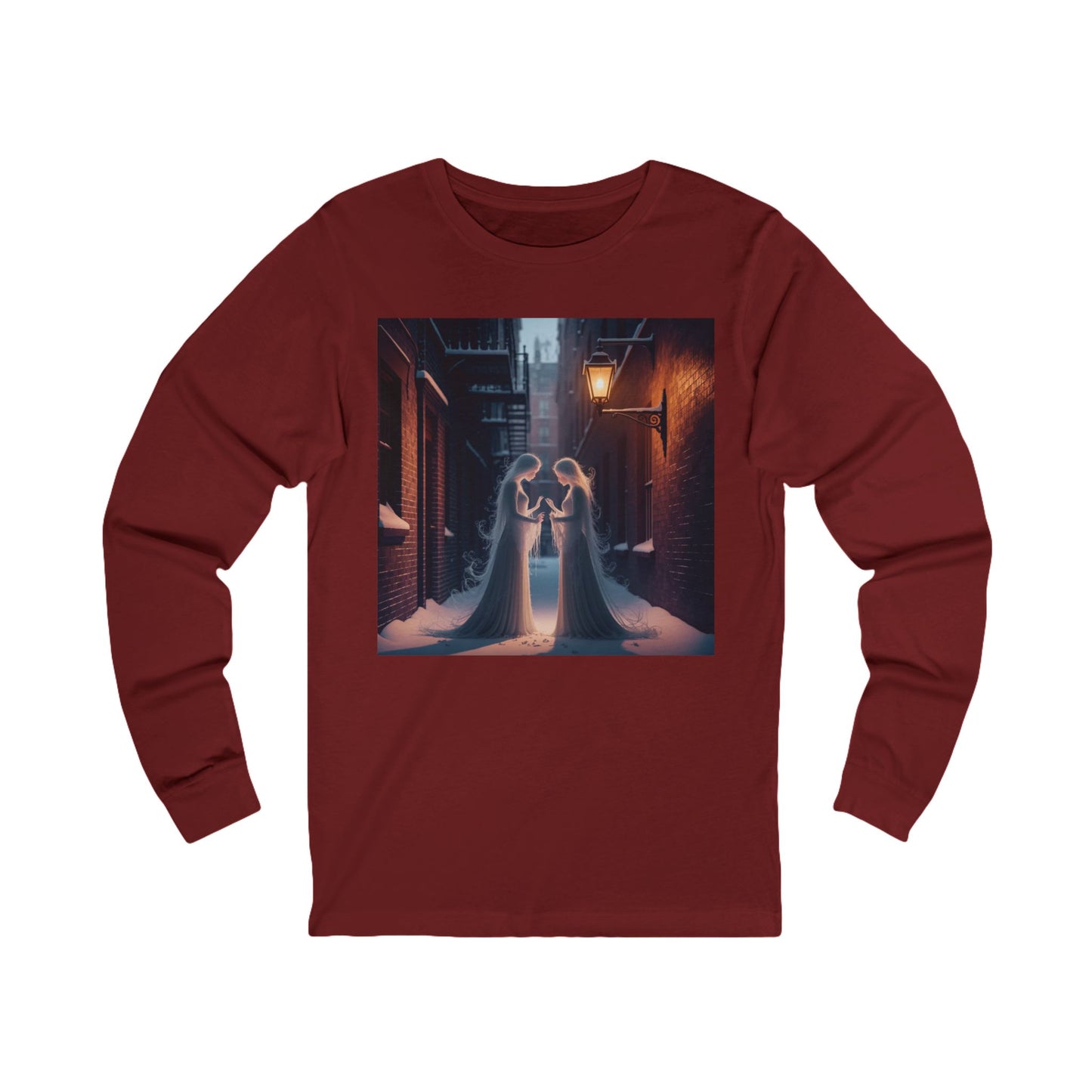 A long-sleeve crewneck Midnight Ghost Mirror Halloween ghost long sleeve t-shirt in maroon red, featuring a square graphic print on the chest of a dark, atmospheric alleyway scene with two figures in flowing white garments.